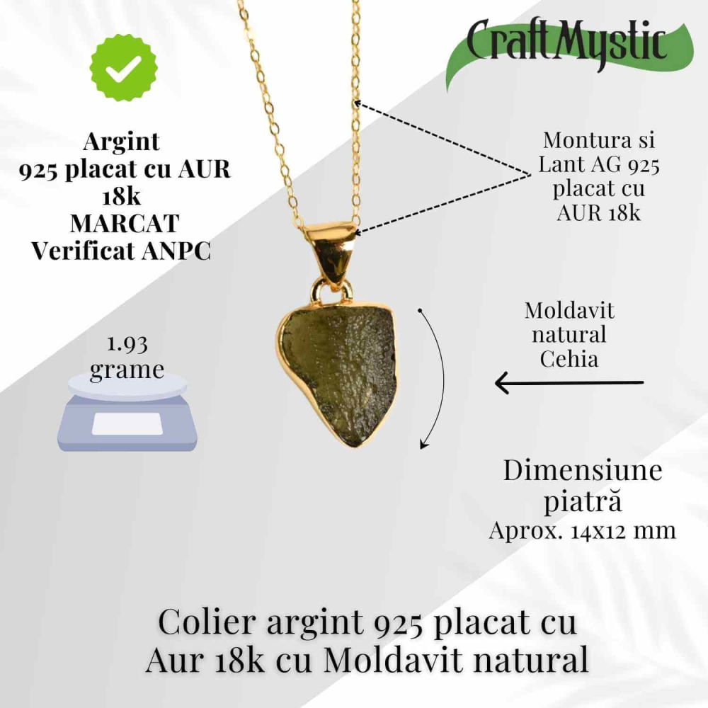 Colier Argint 925 placat aur 18k cu Moldavit natural brut 1.93 g – talisman de transformare [3]