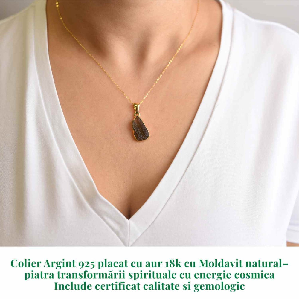 Colier Argint 925 placat aur 18k cu Moldavit natural brut 2.51 g – accelereaza transformarea personala [2]