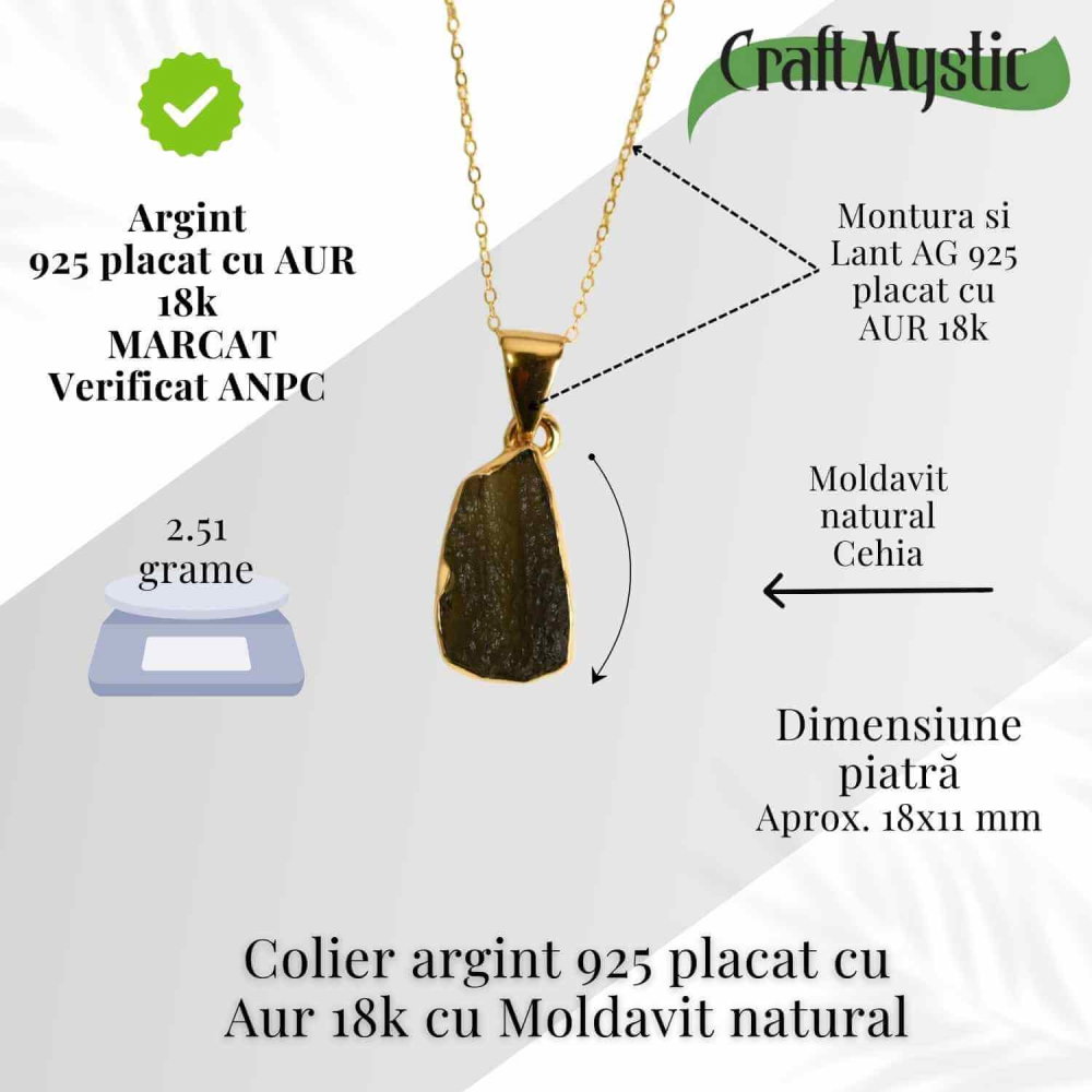 Colier Argint 925 placat aur 18k cu Moldavit natural brut 2.51 g – accelereaza transformarea personala [3]