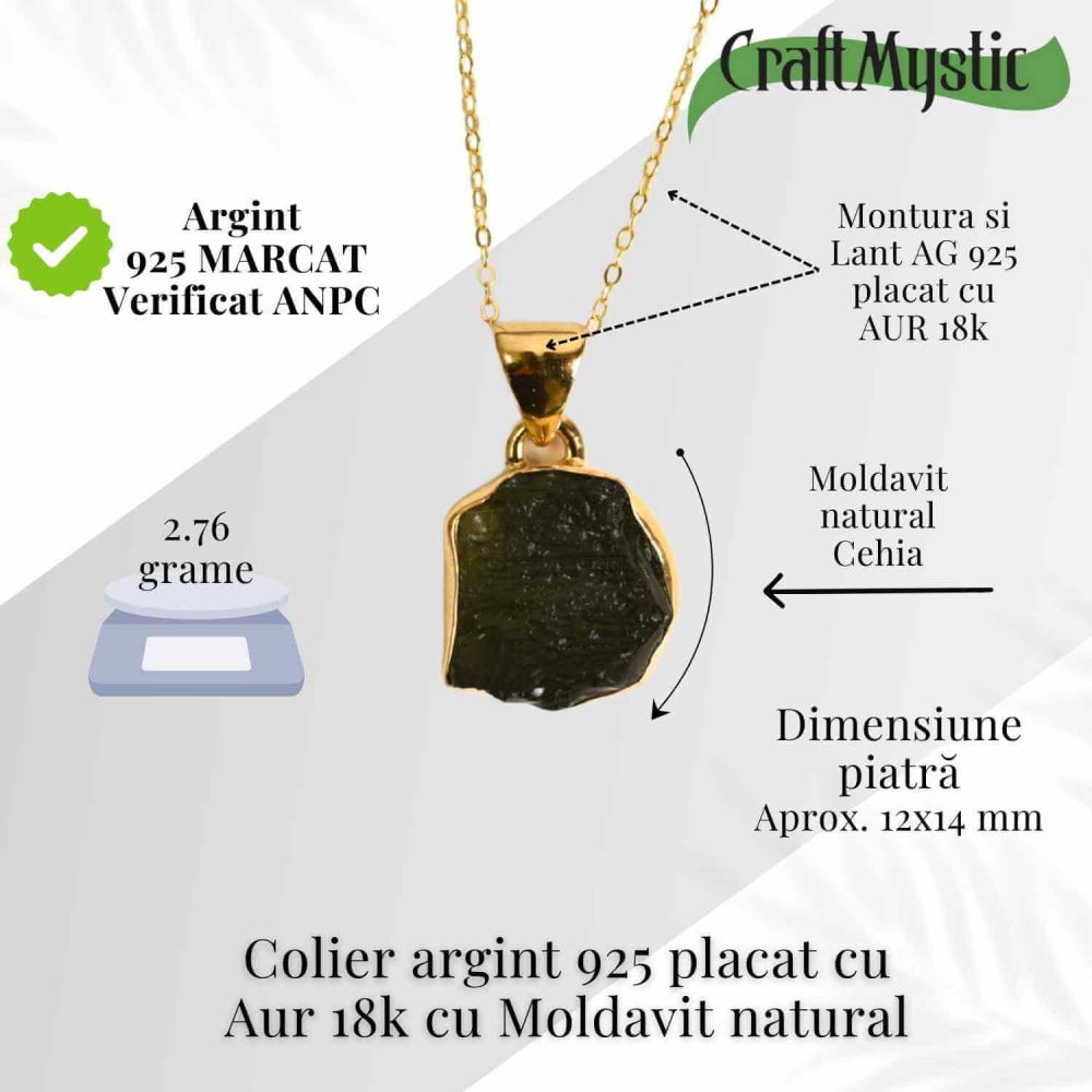 Colier Moldavit natural 2.76 grame – Transformare si energie cosmica - Argint 925 placat cu aur 18k [3]