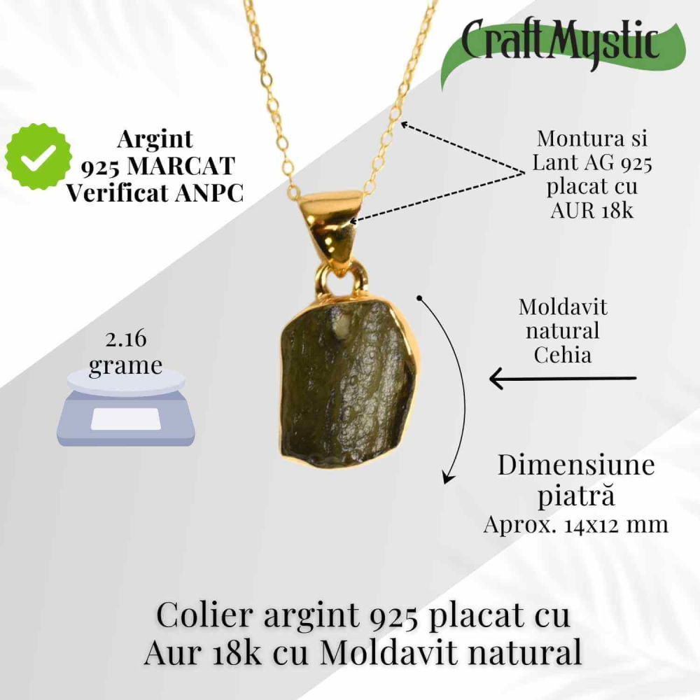 Colier Argint 925 placat cu Aur 18k cu Moldavit natural brut - transformare si protectie - 2.16 g [3]