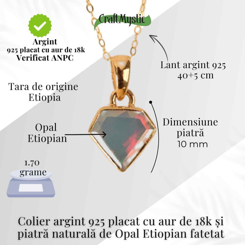 Colier Argint 925 placat cu aur 18K cu Opal Etiopian Fatetat in Forma de Diamant – Lumina, Intuitie si Feminin Sacru [4]