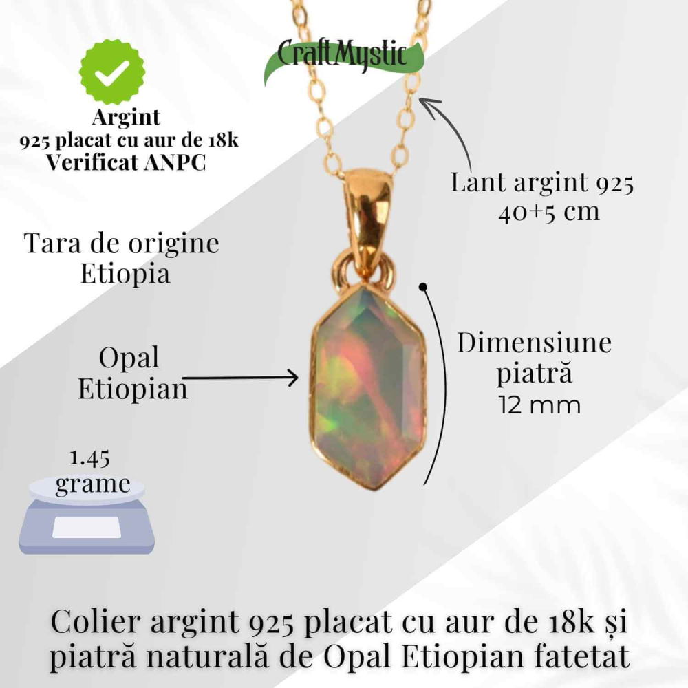 Colier Argint 925 placat cu aur 18K cu Opal Etiopian Fatetat Hexagonal – Protectie, Lumina si Armonie Divina [4]