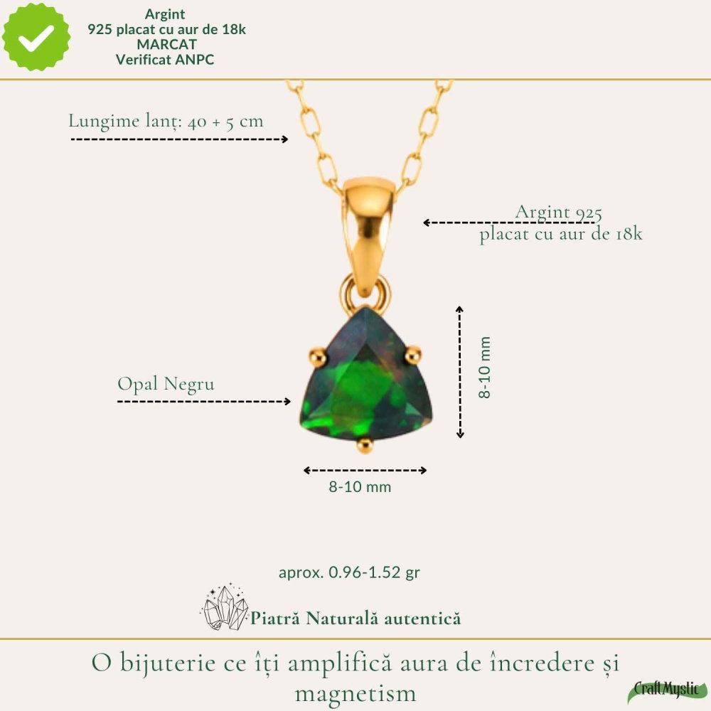Colier Argint 925 Placat cu Aur 18K cu Opal Negru Triunghi – Protectie si Claritate [4]