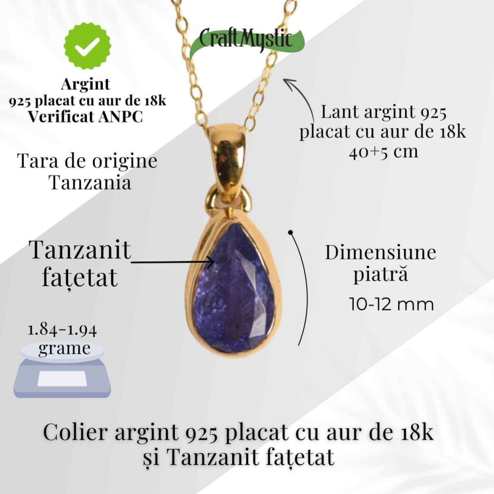 Colier Argint 925 Placat cu Aur 18K si Tanzanit Fatetat in Forma de Lacrima – Claritate, Transformare si Armonie Interioara [4]