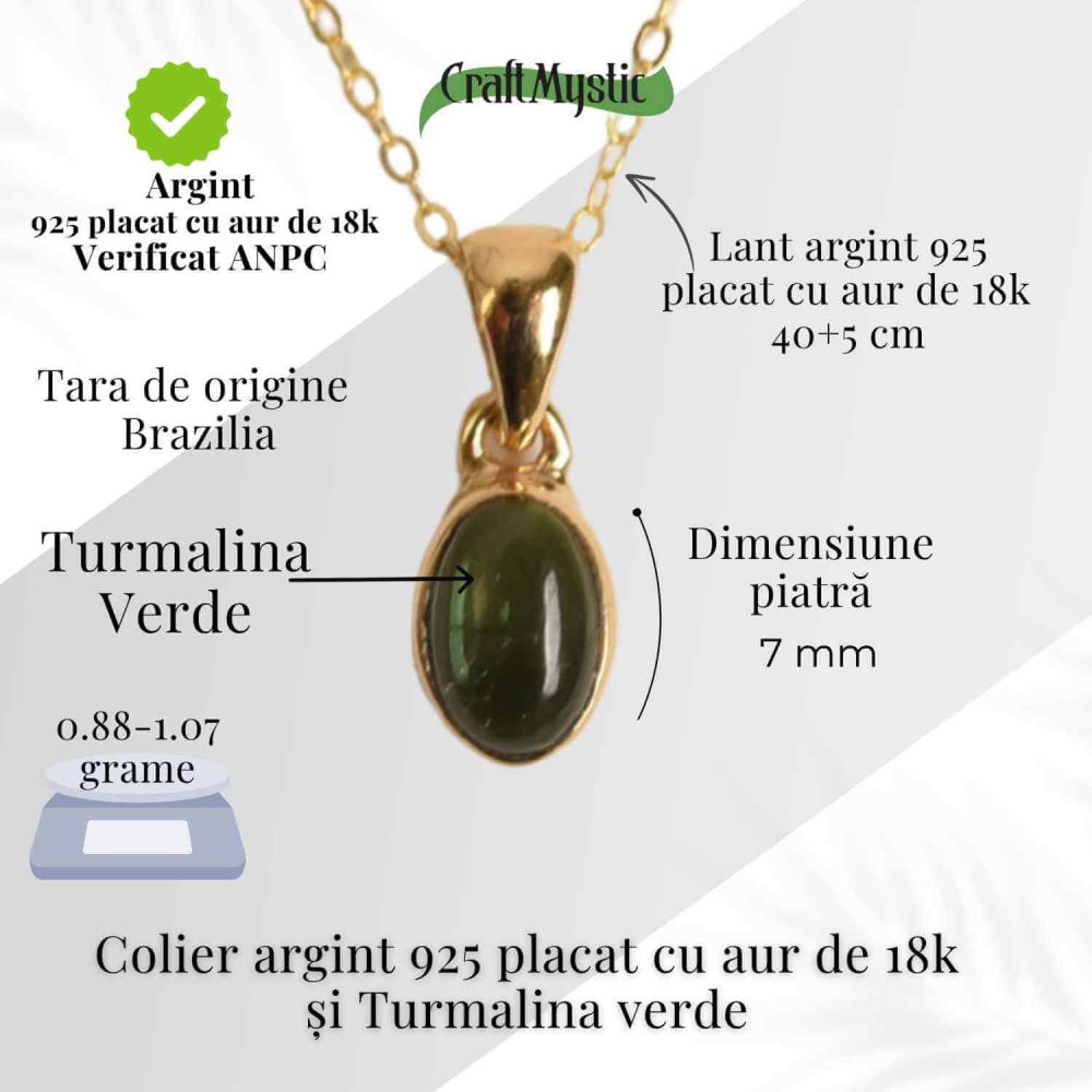 Colier Argint 925 Placat cu Aur 18K si Turmalina Verde Naturala – Armonie, Prosperitate si Vindecare Emotionala [4]