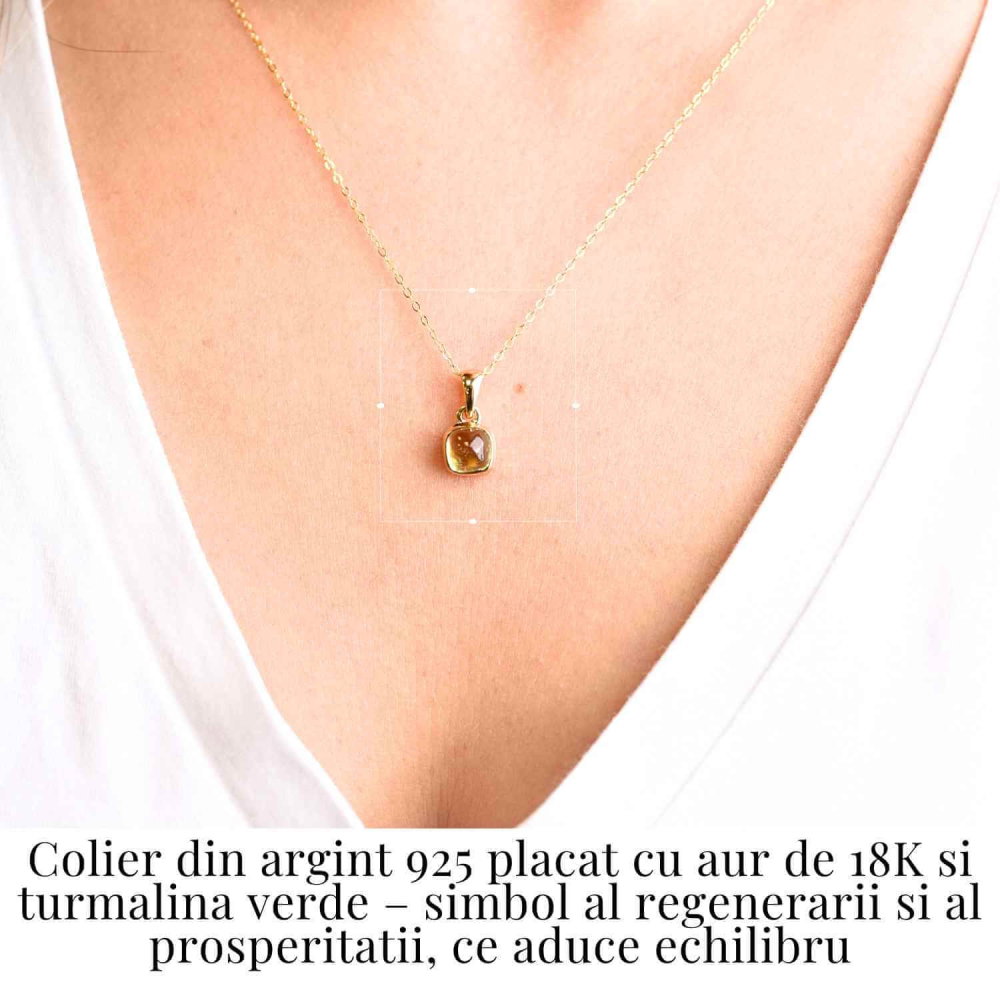 Colier Argint 925 Placat cu Aur 18K si Turmalina Verde Naturala – Echilibru, Vindecare si Energie a Vietii [2]
