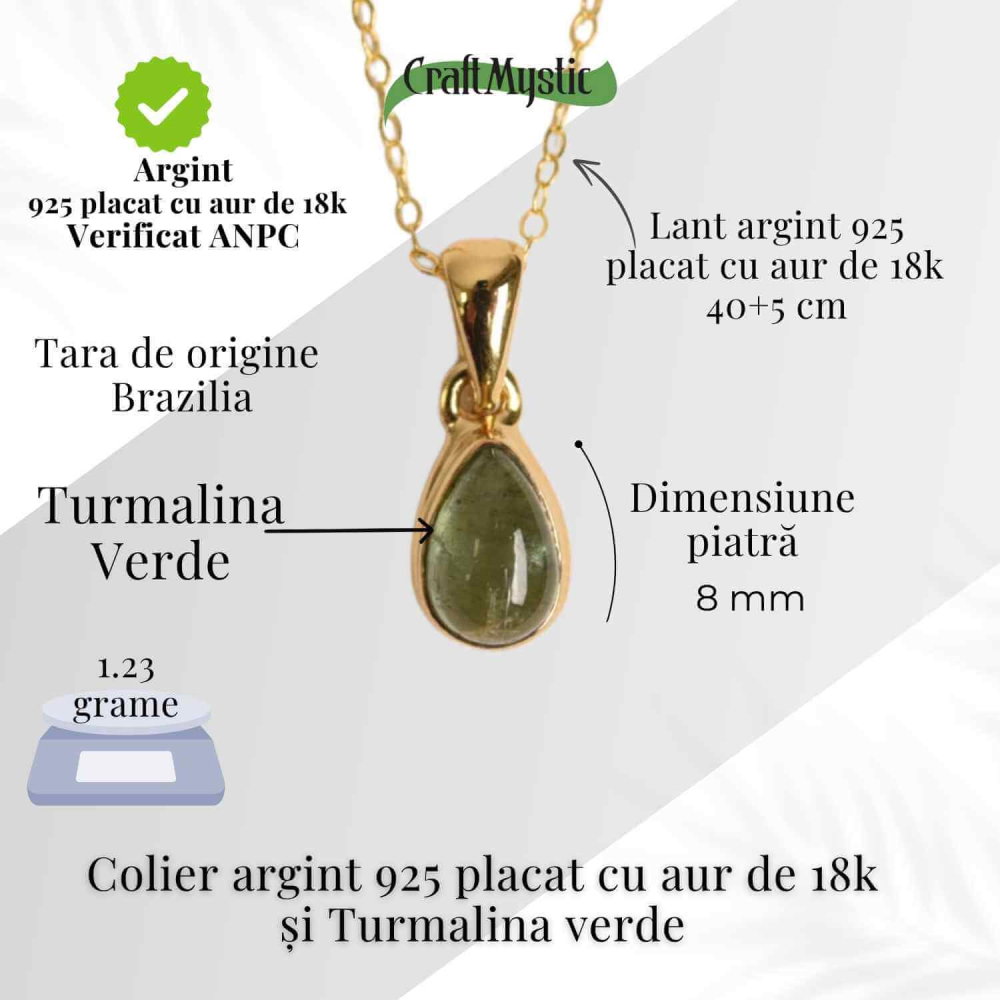 Colier Argint 925 Placat cu Aur 18K si Turmalina Verde Naturala in Forma de Lacrima – Vindecare, Armonie si Renastere [5]