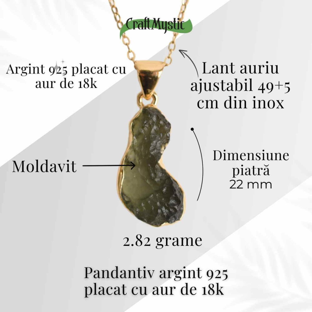 Colier cu lant de inox aurit si pandantiv montura argint 925, placat cu aur 18 k si Moldavit natural, 2.82 gr – Echilibru si trezire spirituala [3]