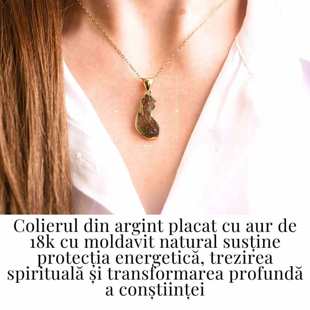 Colier cu lant de inox aurit si pandantiv montura argint 925, placat cu aur 18 k si Moldavit natural, 2.82 gr – Echilibru si trezire spirituala [2]