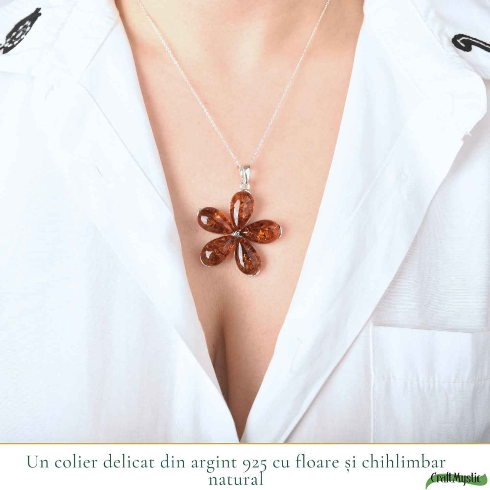 Colier Argint 925 cu Floare Mare din Chihlimbar Natural – Energie Calda si Protectie [2]