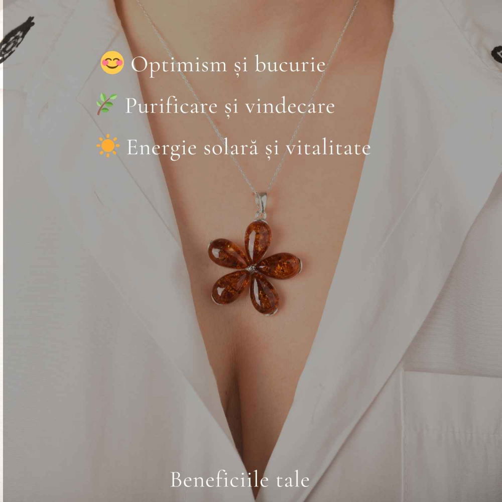 Colier Argint 925 cu Floare Mare din Chihlimbar Natural – Energie Calda si Protectie [3]