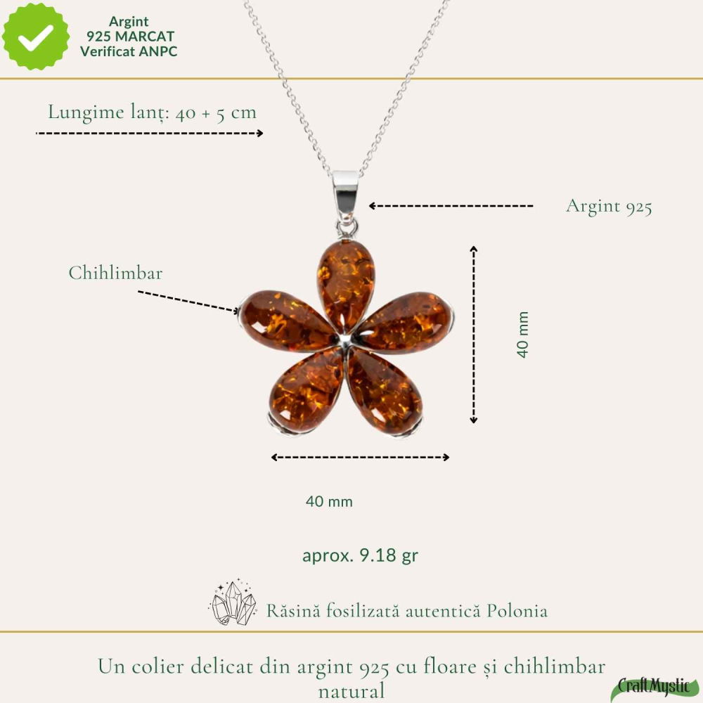 Colier Argint 925 cu Floare Mare din Chihlimbar Natural – Energie Calda si Protectie [4]