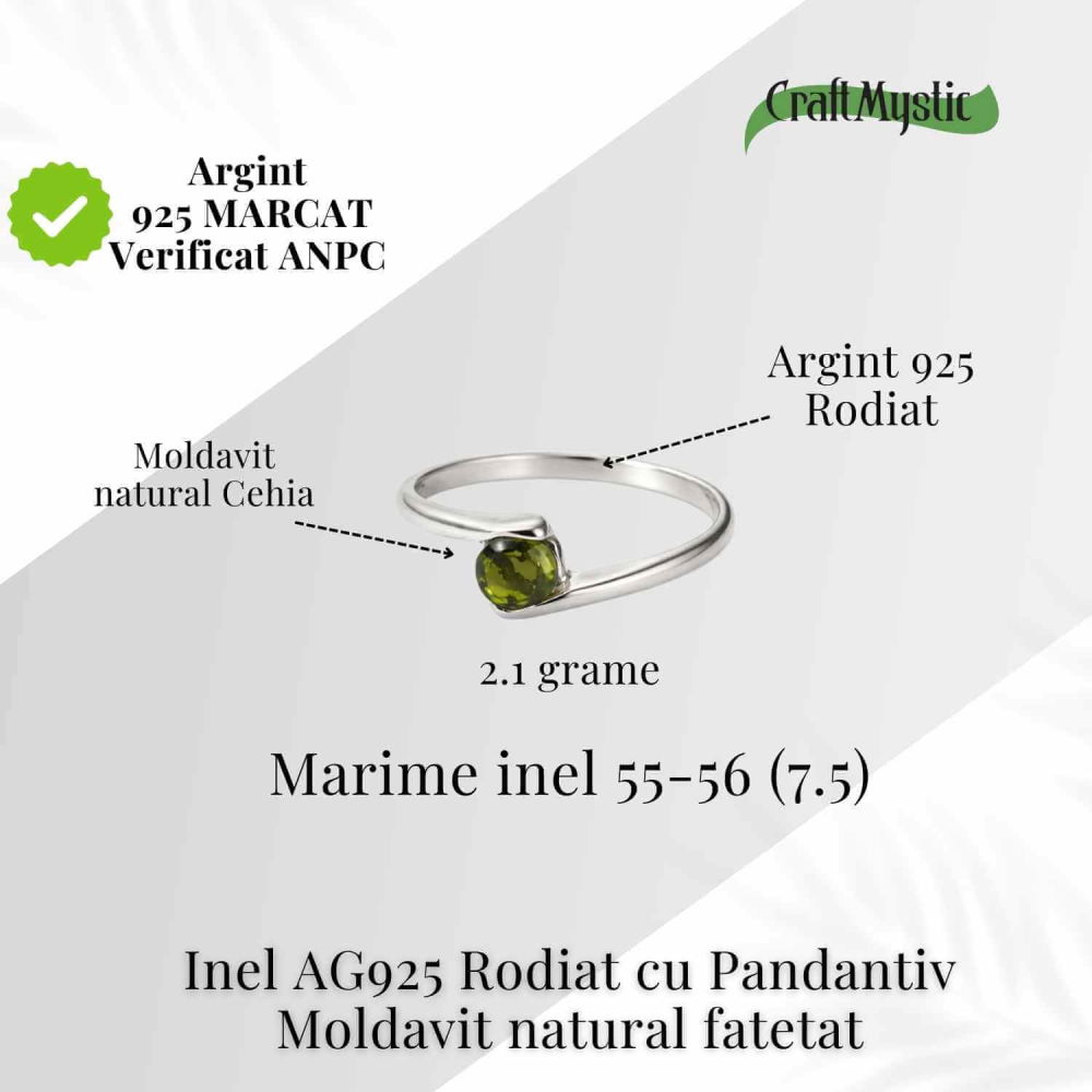 Inel minimalist din Argint 925 rodiat cu Moldavit natural fatetat – claritate, protectie si evolutie interioara [3]