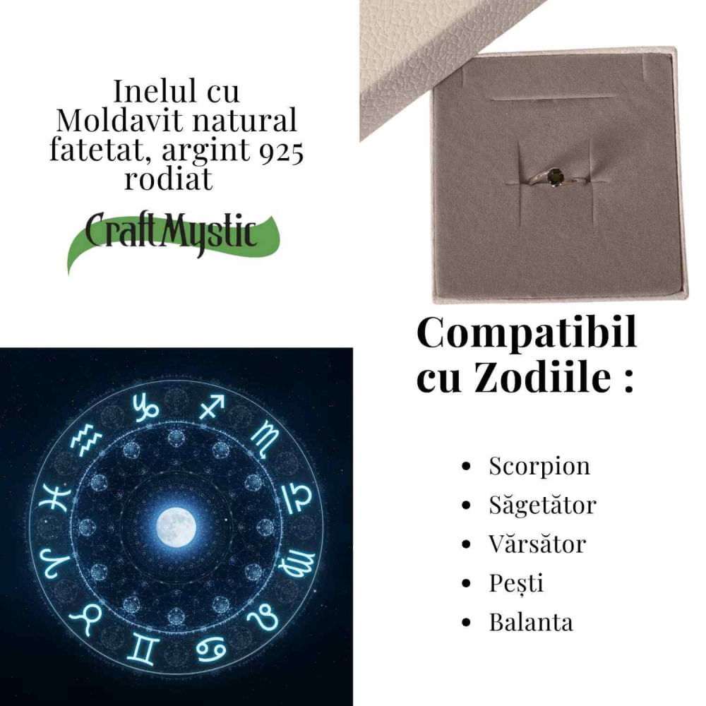 Inel minimalist din Argint 925 rodiat cu Moldavit natural fatetat – claritate, protectie si evolutie interioara [4]