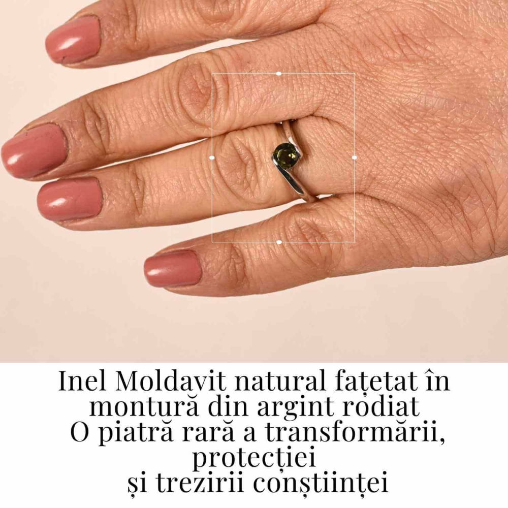 Inel minimalist din Argint 925 rodiat cu Moldavit natural fatetat – claritate, protectie si evolutie interioara [2]