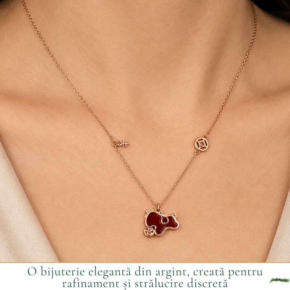 Colier Argint 925 Rose Gold cu Agat Rosu Natural forma calut– Energie, Curaj si Eleganta [2]