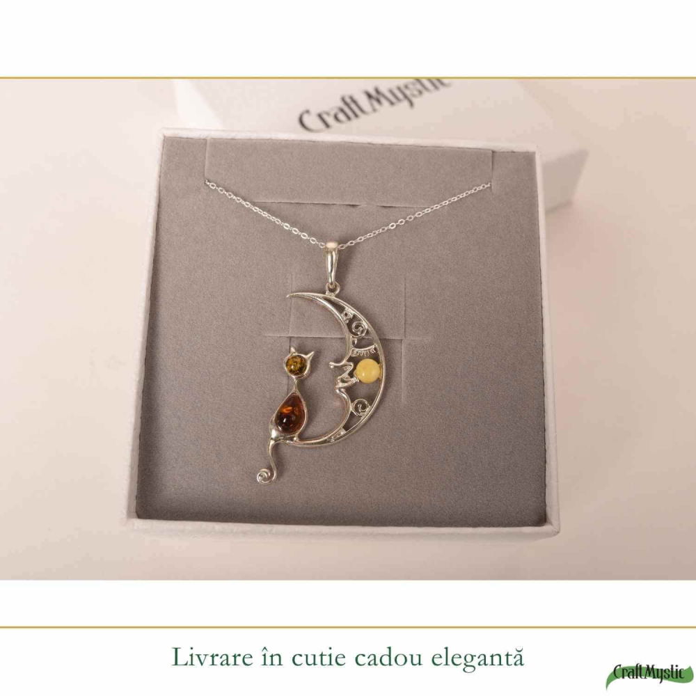 Colier Argint 925 Semiluna cu Pisica din Chihlimbar Natural – Protectie si Vitalitate [6]