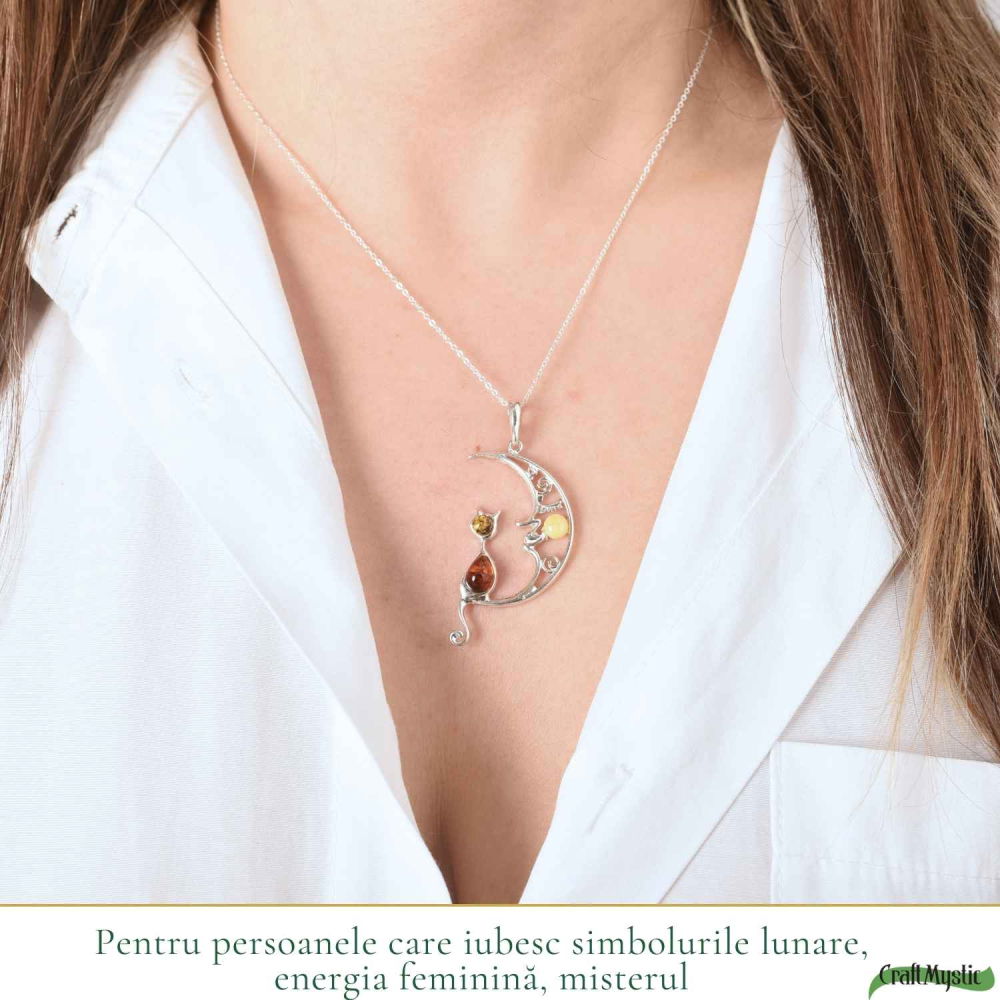 Colier Argint 925 Semiluna cu Pisica din Chihlimbar Natural – Protectie si Vitalitate [2]