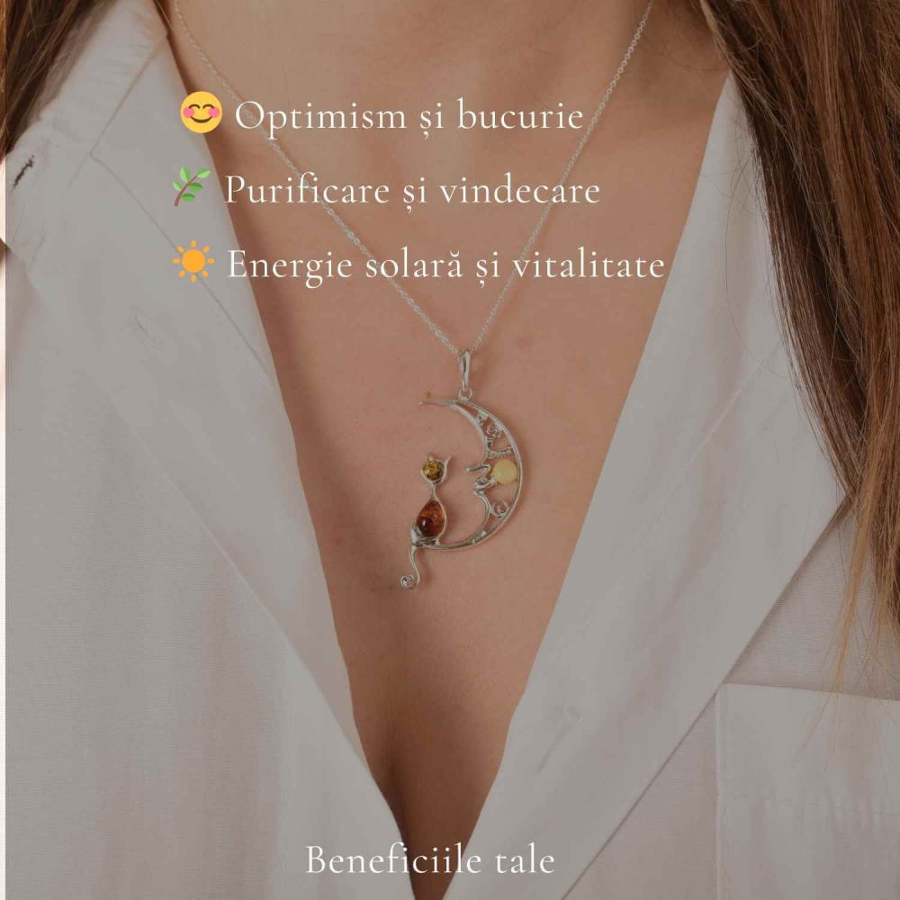 Colier Argint 925 Semiluna cu Pisica din Chihlimbar Natural – Protectie si Vitalitate [3]