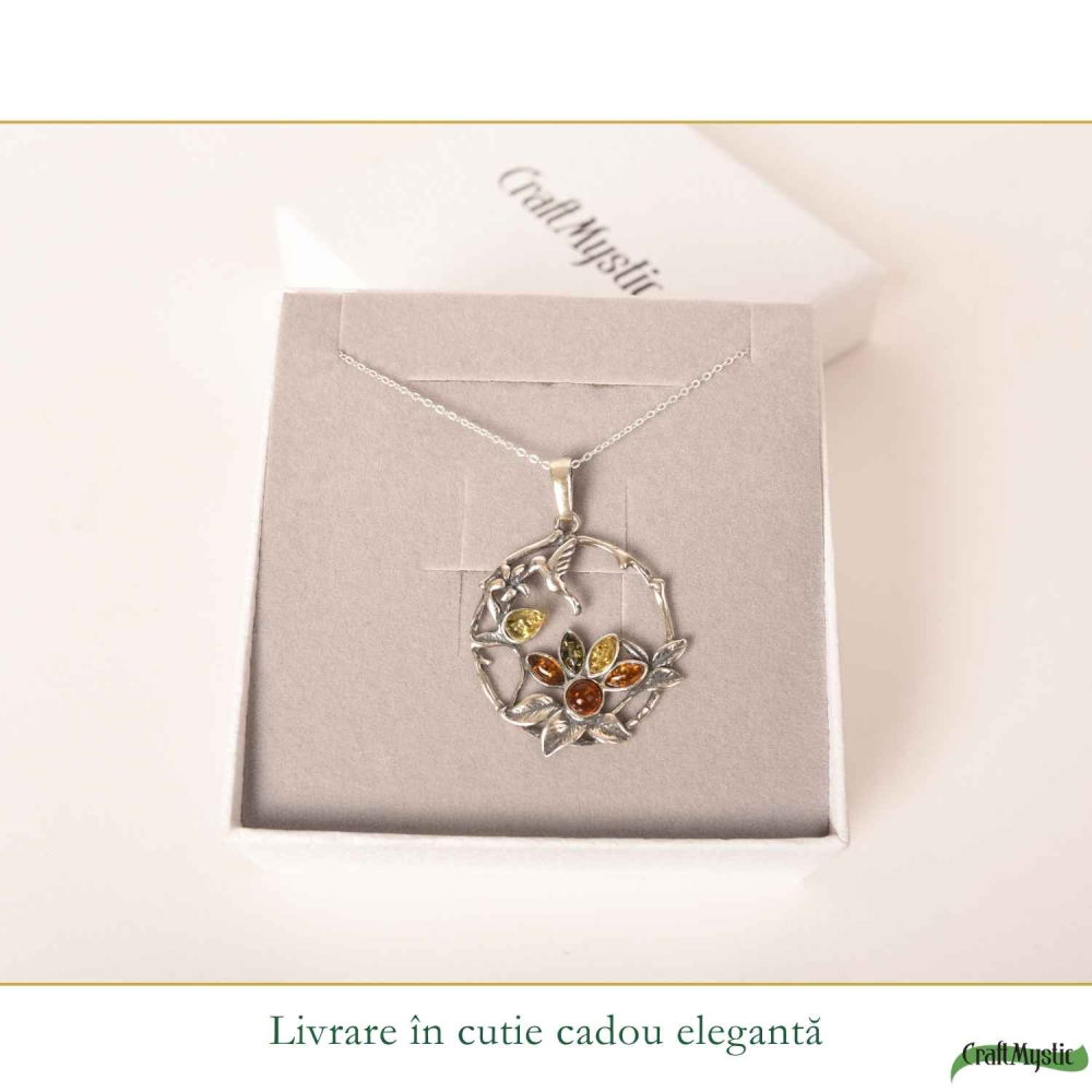 Colier Argint 925 Rotund cu Flori si Pasare din Chihlimbar Natural – Bucurie si Vitalitate [6]