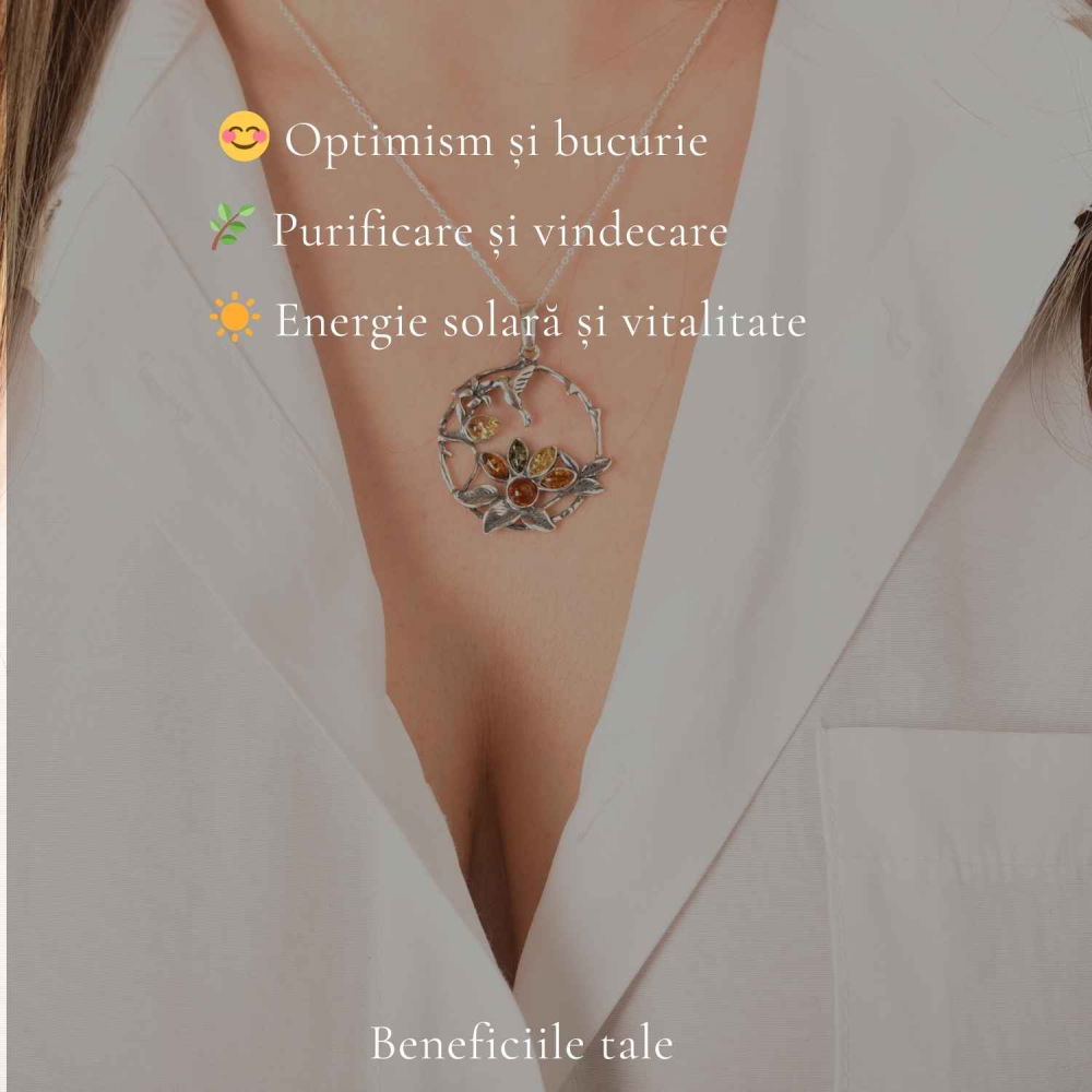 Colier Argint 925 Rotund cu Flori si Pasare din Chihlimbar Natural – Bucurie si Vitalitate [3]