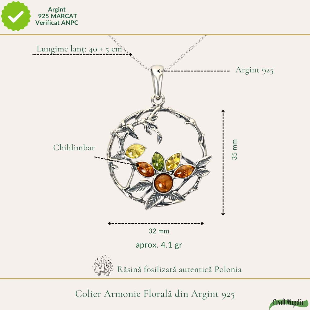 Colier Argint 925 Rotund cu Flori si Pasare din Chihlimbar Natural – Bucurie si Vitalitate [4]
