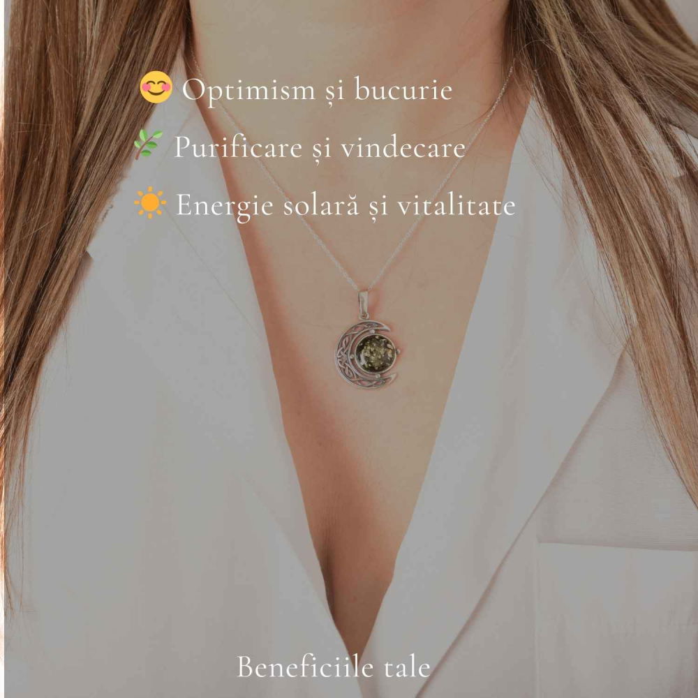 Colier Argint 925 Semiluna cu Chihlimbar Verde Natural – Protecție si Vitalitate [3]
