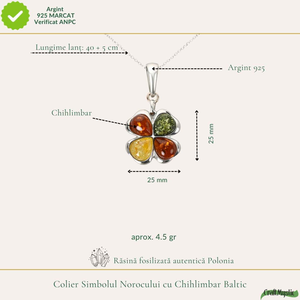 Colier Argint 925 Trifoi 3 Culori cu Chihlimbar Natural – Noroc si Vitalitate [4]