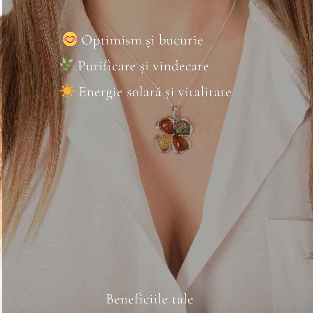 Colier Argint 925 Trifoi 3 Culori cu Chihlimbar Natural – Noroc si Vitalitate [3]