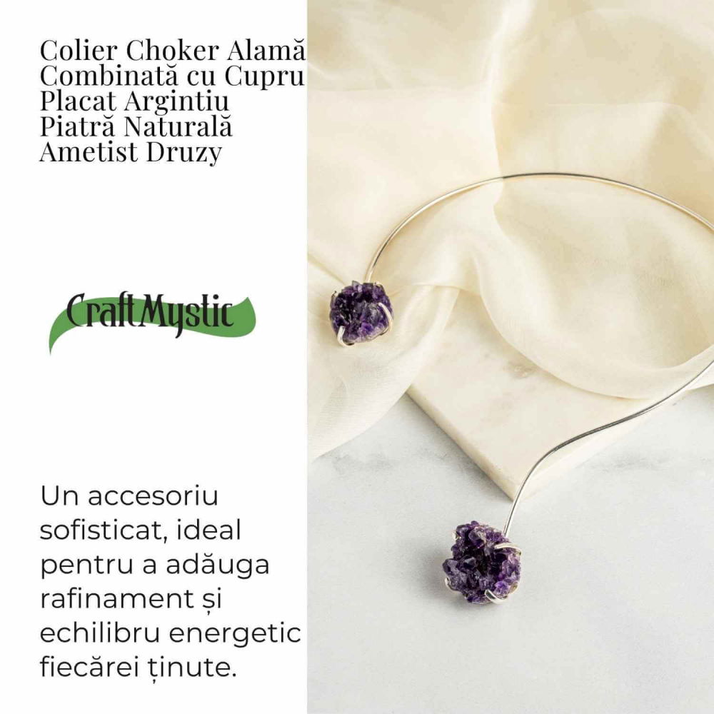 Colier Choker Argintiu cu Piatra Naturala Ametist Druzy - Protecte si Energie Positiva [3]