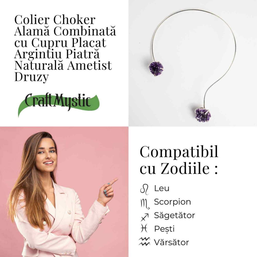 Colier Choker Argintiu cu Piatra Naturala Ametist Druzy - Protecte si Energie Positiva [4]