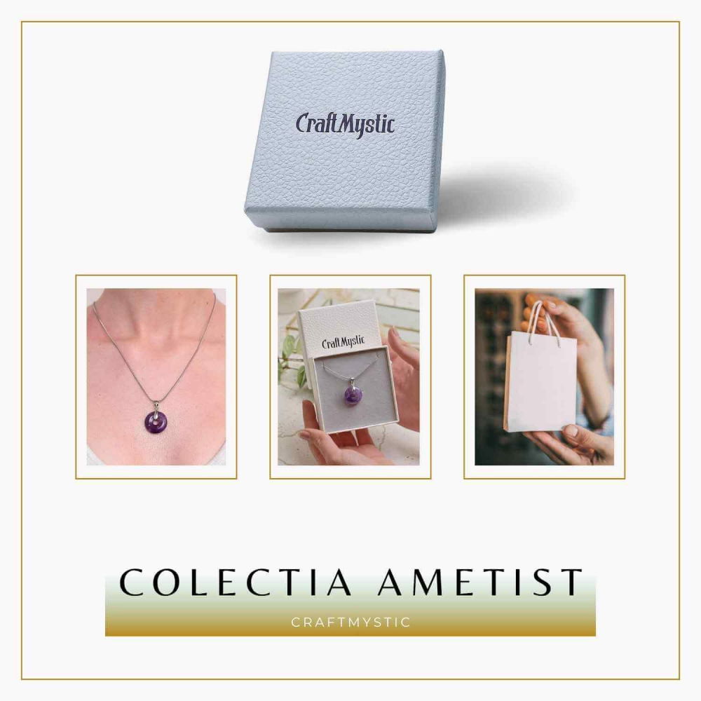 Colier Argintiu cu Ametist Forma Pi - Calm și Spiritualitate, Lungime Totala 50 cm, Diametru Pandantiv 20 mm [8]