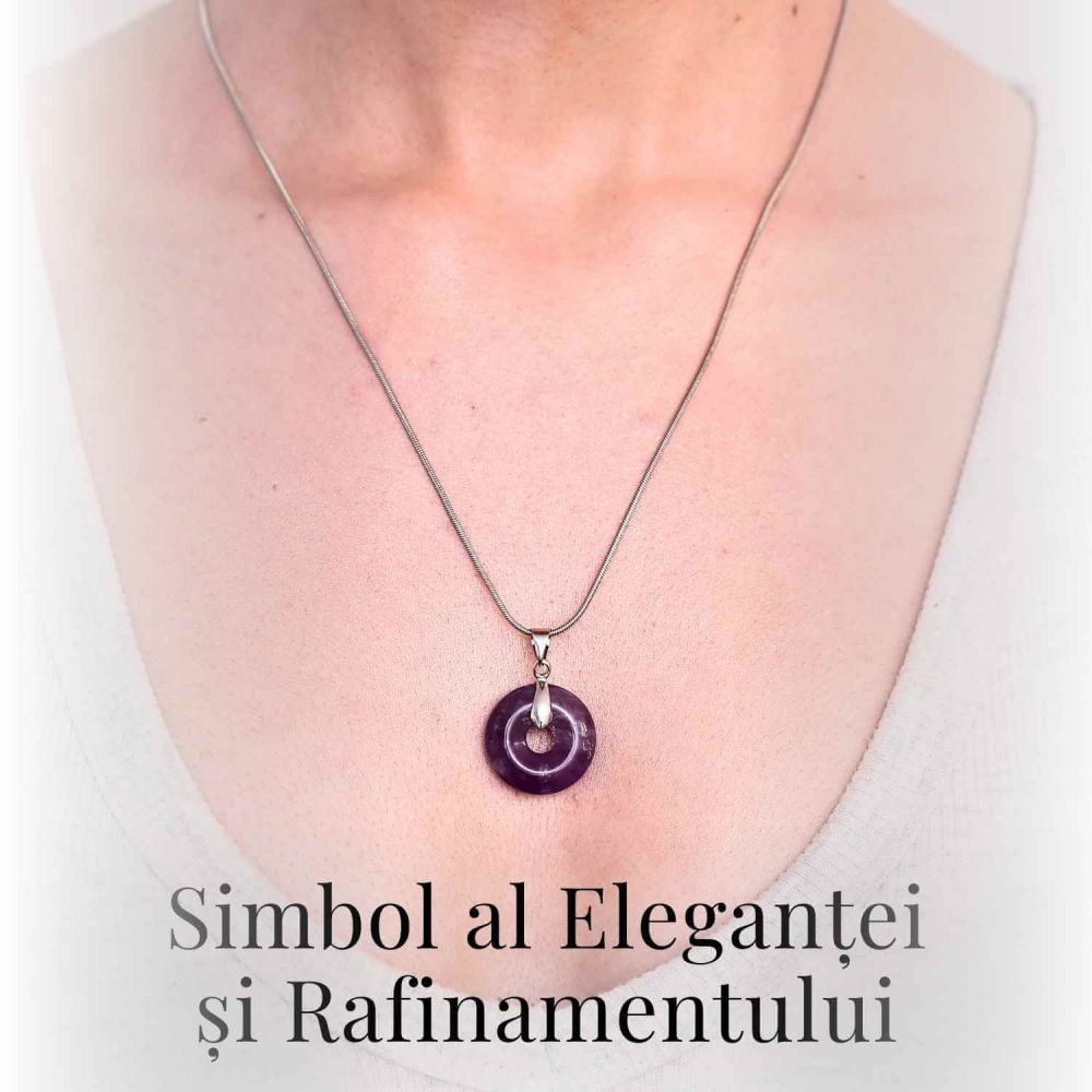Colier Argintiu cu Ametist Forma Pi - Calm și Spiritualitate, Lungime Totala 50 cm, Diametru Pandantiv 20 mm [7]