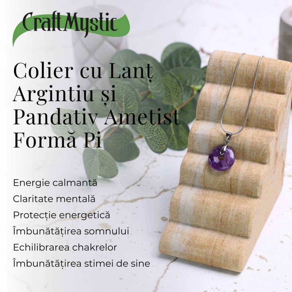 Colier Argintiu cu Ametist Forma Pi - Calm și Spiritualitate, Lungime Totala 50 cm, Diametru Pandantiv 20 mm [4]