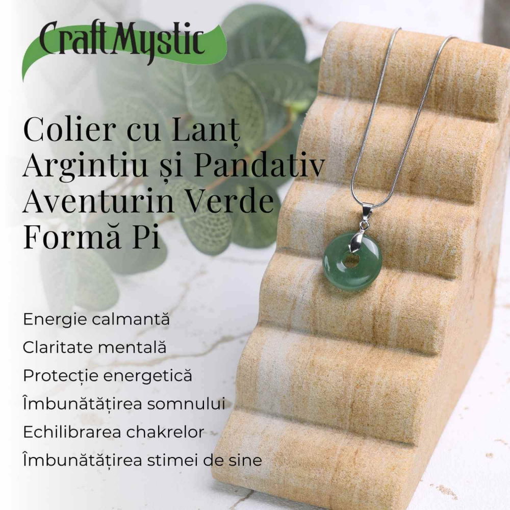 Colier Argintiu cu Aventurin Verde Forma Pi - Echilibru și Prosperitate, Lungime Totala 50 cm, Diametru Pandantiv 20 mm [4]