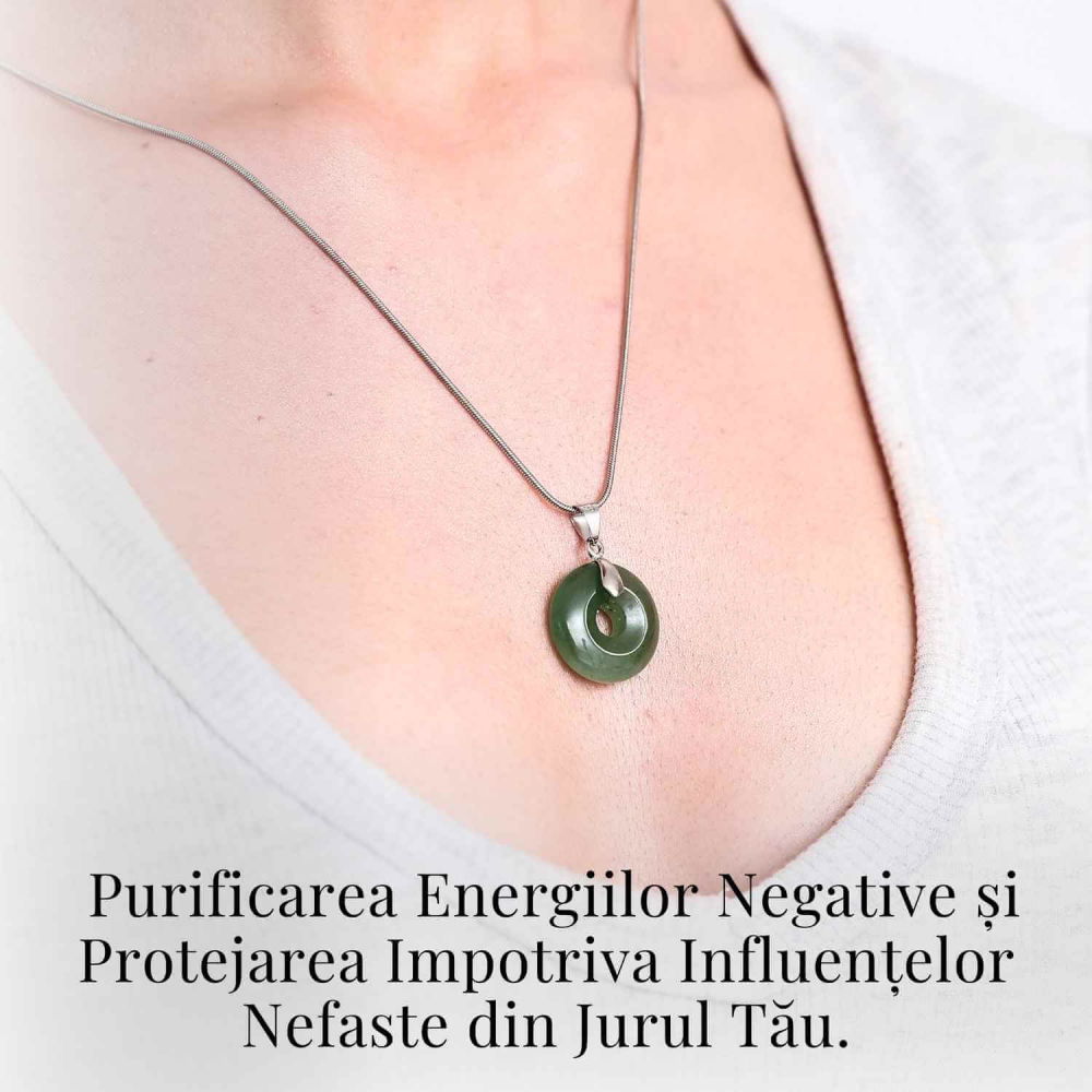 Colier Argintiu cu Aventurin Verde Forma Pi - Echilibru și Prosperitate, Lungime Totala 50 cm, Diametru Pandantiv 20 mm [7]