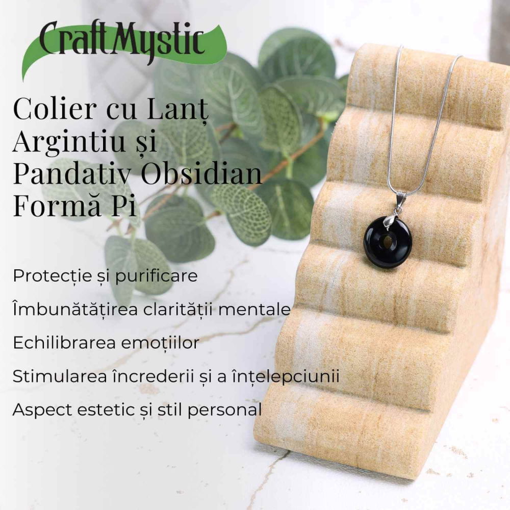 Colier Argintiu cu Obsidian Forma Pi - Protectie si Echilibru, Lungime Totala 50 cm, Diametru Pandantiv 20 mm [4]