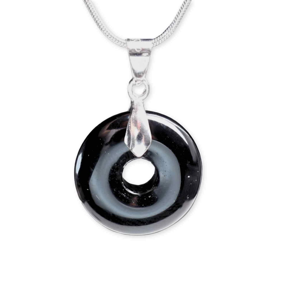 Colier Argintiu cu Obsidian Forma Pi - Protectie si Echilibru, Lungime Totala 50 cm, Diametru Pandantiv 20 mm [10]