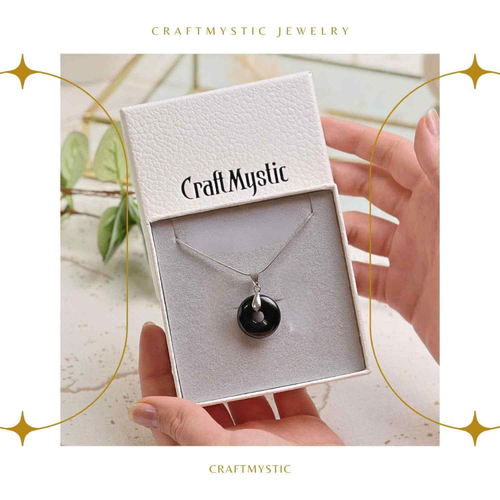 Colier Argintiu cu Obsidian Forma Pi - Protectie si Echilibru, Lungime Totala 50 cm, Diametru Pandantiv 20 mm [9]