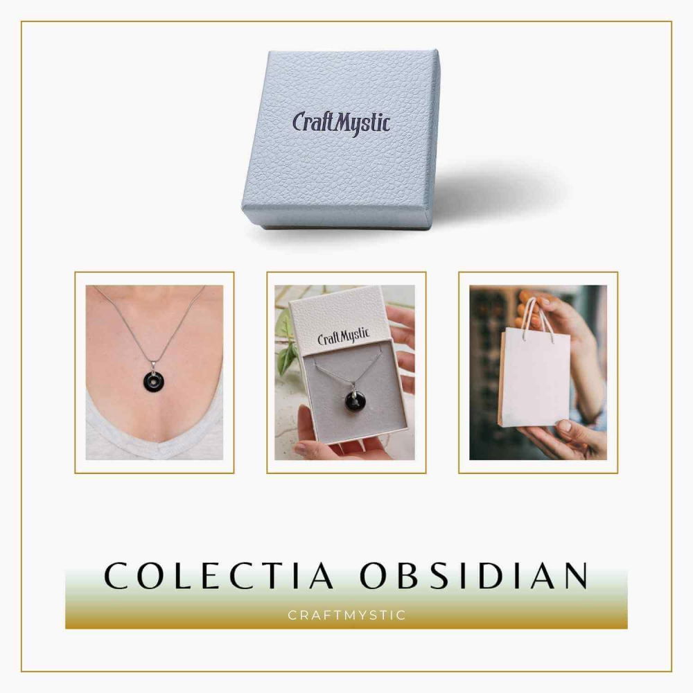 Colier Argintiu cu Obsidian Forma Pi - Protectie si Echilibru, Lungime Totala 50 cm, Diametru Pandantiv 20 mm [8]