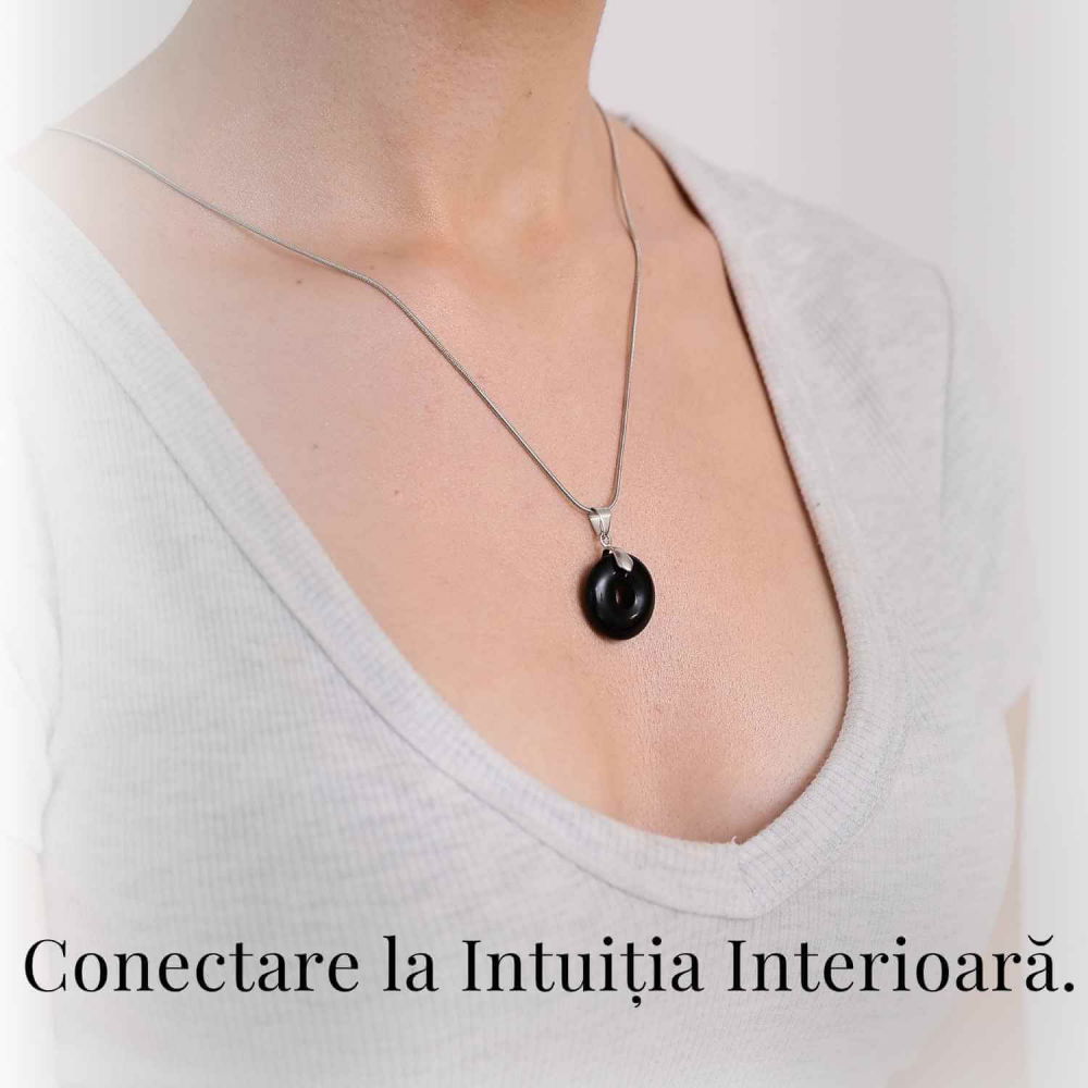 Colier Argintiu cu Obsidian Forma Pi - Protectie si Echilibru, Lungime Totala 50 cm, Diametru Pandantiv 20 mm [7]
