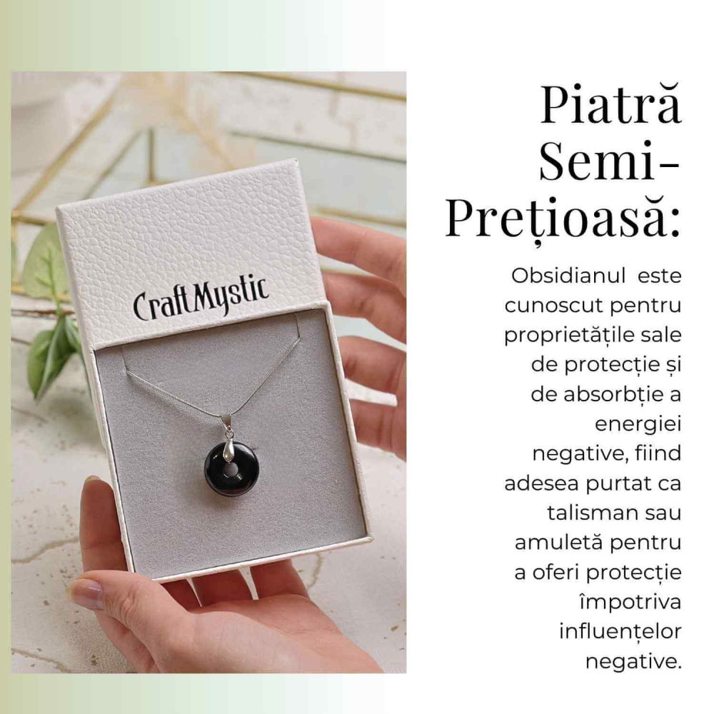 Colier Argintiu cu Obsidian Forma Pi - Protectie si Echilibru, Lungime Totala 50 cm, Diametru Pandantiv 20 mm [6]