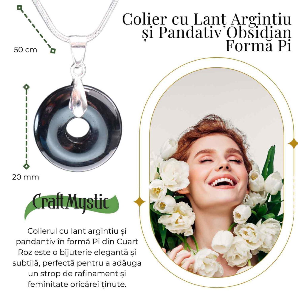 Colier Argintiu cu Obsidian Forma Pi - Protectie si Echilibru, Lungime Totala 50 cm, Diametru Pandantiv 20 mm [2]