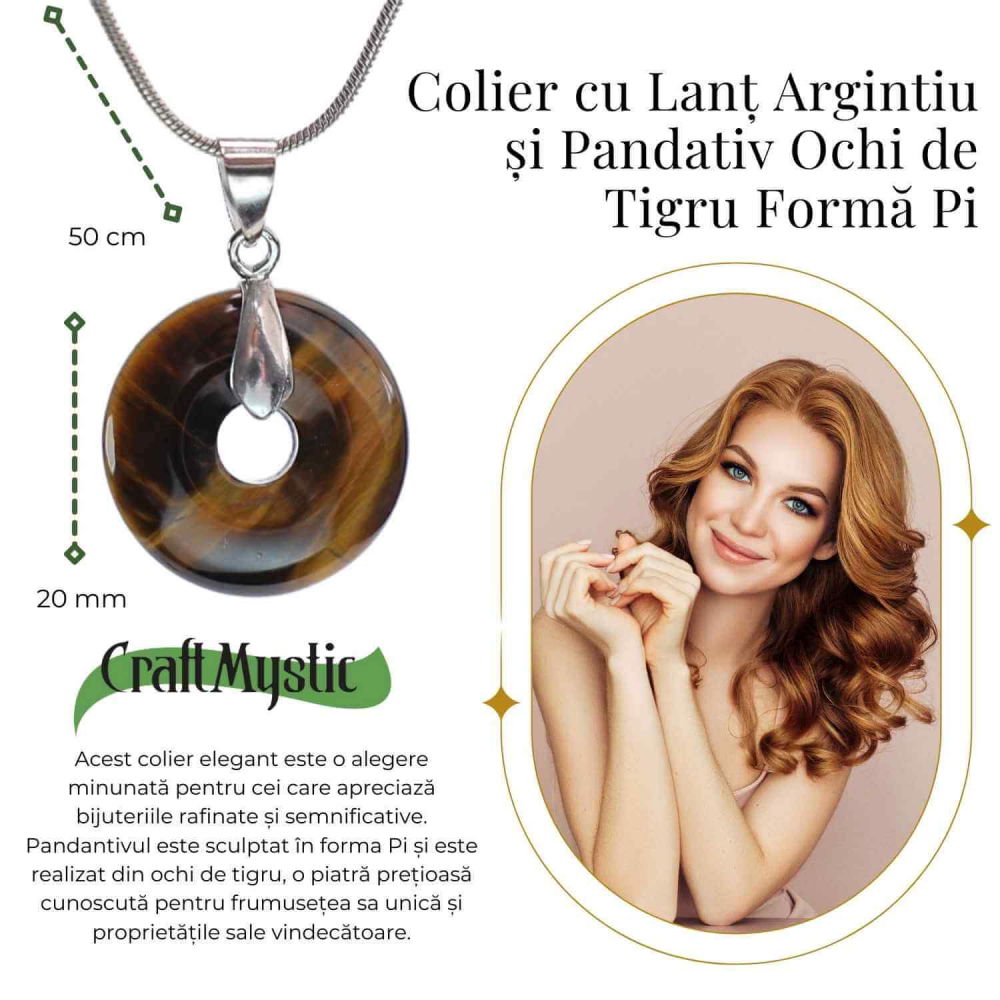 Colier Argintiu cu Ochi de Tigru Forma Pi - Protectie si Energie, Lungime Totala 50 cm, Diametru Pandantiv 20 mm [2]