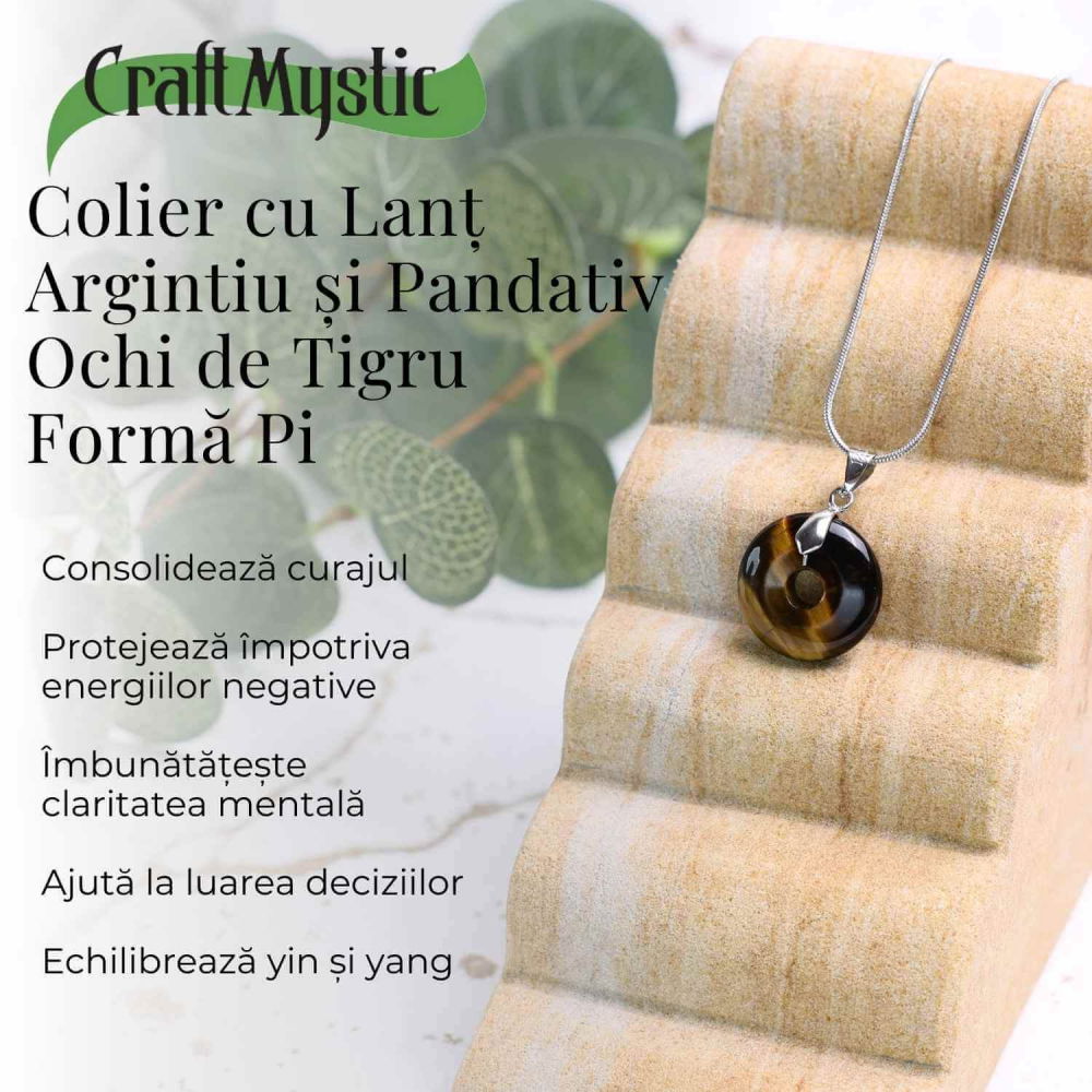 Colier Argintiu cu Ochi de Tigru Forma Pi - Protectie si Energie, Lungime Totala 50 cm, Diametru Pandantiv 20 mm [4]