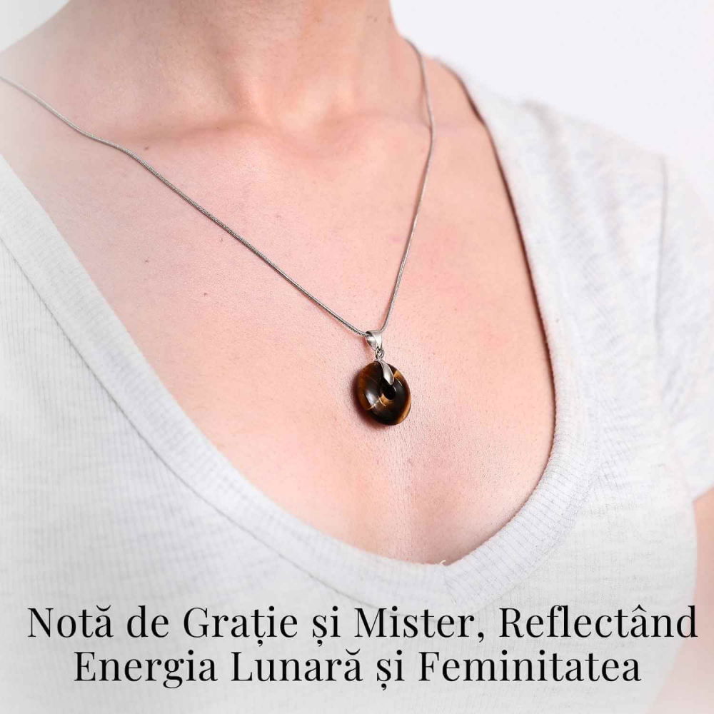 Colier Argintiu cu Ochi de Tigru Forma Pi - Protectie si Energie, Lungime Totala 50 cm, Diametru Pandantiv 20 mm [7]