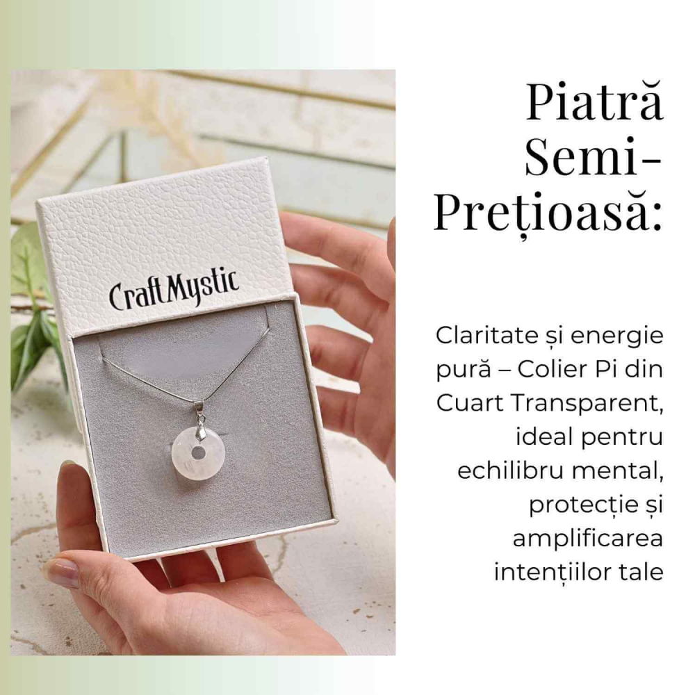 Colier Argintiu Cuart Transparent Forma Pi - Claritate si Energie Pura, Lungime Totala 50 cm, Diametru Pandantiv 20 mm [6]