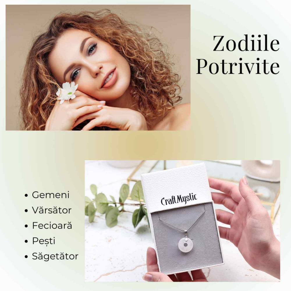 Colier Argintiu Cuart Transparent Forma Pi - Claritate si Energie Pura, Lungime Totala 50 cm, Diametru Pandantiv 20 mm [3]