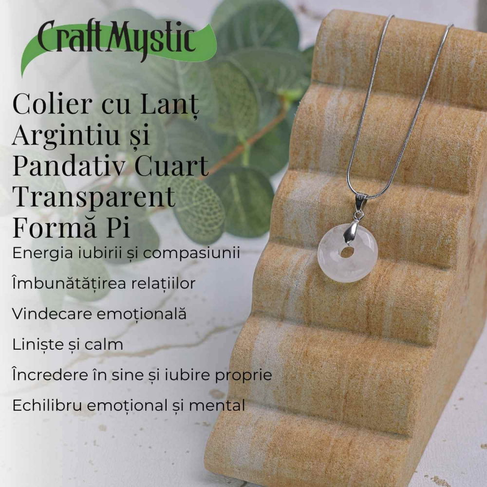 Colier Argintiu Cuart Transparent Forma Pi - Claritate si Energie Pura, Lungime Totala 50 cm, Diametru Pandantiv 20 mm [4]
